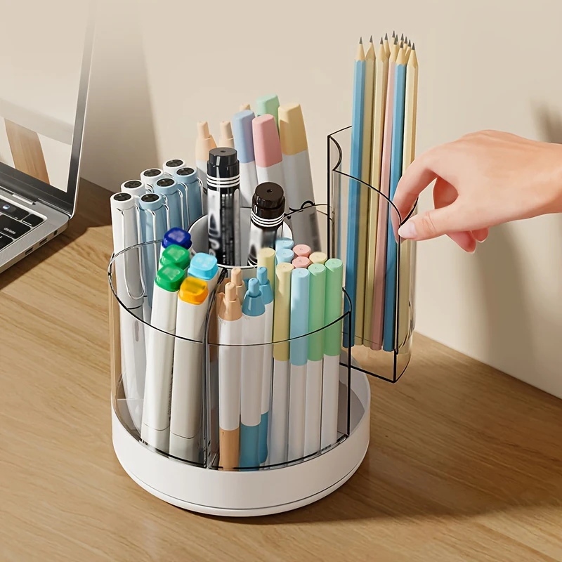 1PC Durable Plastic 360° Rotating Pen Holder Desk Organizer with 5 Removable Compartments Perfect for Office & Home Organization