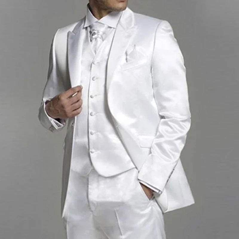 White Satin Men Suits for Wedding Groom Tuxedos Peaked Lapel Custom Formal Man Suit Set Jacket Vest with Pants 2024