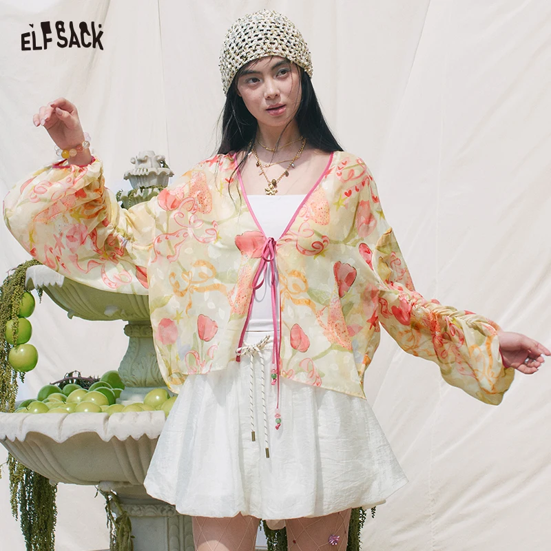 Kimono Sheer Floral - ELFSACK Transparenter Kimono-Cardigan mit Blumenmuster, Laternenärmeln,