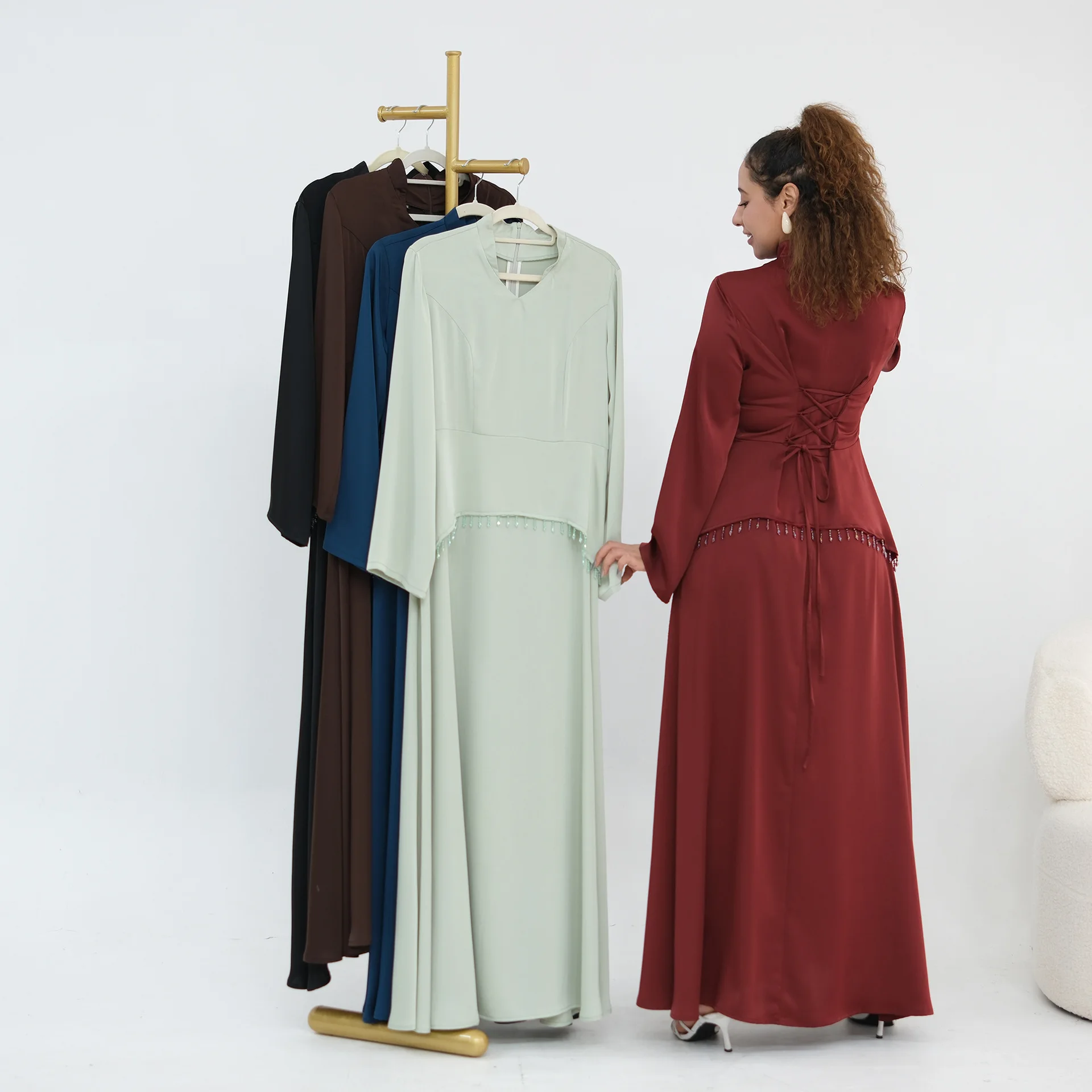 Muslim Women Satin Maxi Dress Tassel Beads Jalabiya Abaya Dubai Kaftan Islam Clothing Turkey Caftan Morocco Femme Musulmane Robe