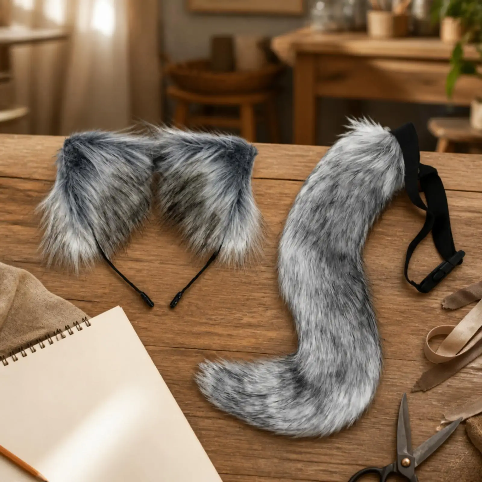 Diadema de Pelo Sintético Catrina con Cola a Juego y Máscara de Tela para Disfraz de Cosplay de Animal, Accesorios para Fiesta Temática de Disfraces para Niñas