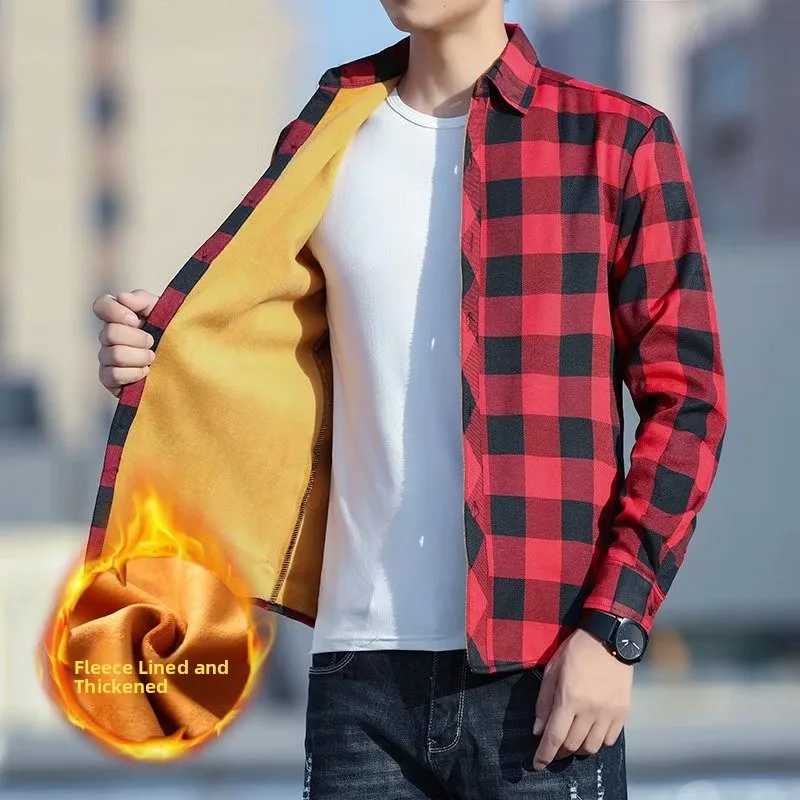 

Winter Plaid irt Men's Fce Lined Warmth Casual Korean Sle Slim Fit Youth Versatile Cheered Long Sve No Ironing Ne...