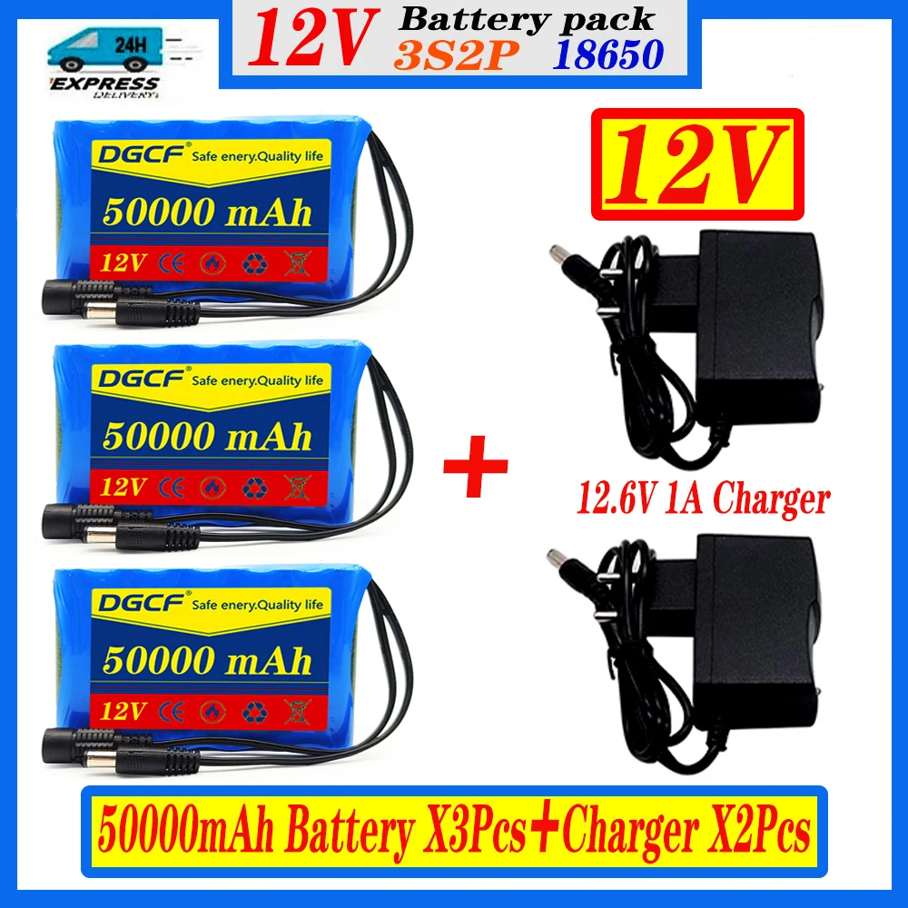 New 12V 50Ah 18650 Lithium Battery Pack 3S2P 50000mAh For Emergency Light UPS Mini player Portable Li-ion Cells+12.6V 1A Charger