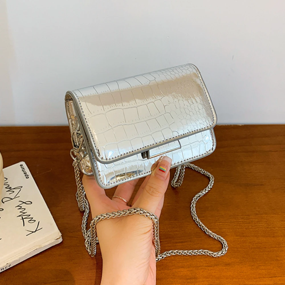 Vintage Women Silver Chic Crossbody Bag Luxury Designer Small Shoulder Bags Fashion Gold Mini Square Cute PU Leather Handbags