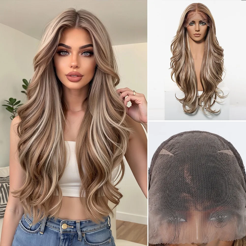 

Synthetic wig with middle part, mixed gold long wavy hair, internet celebrity style, black, Japanese silk full headpiece
