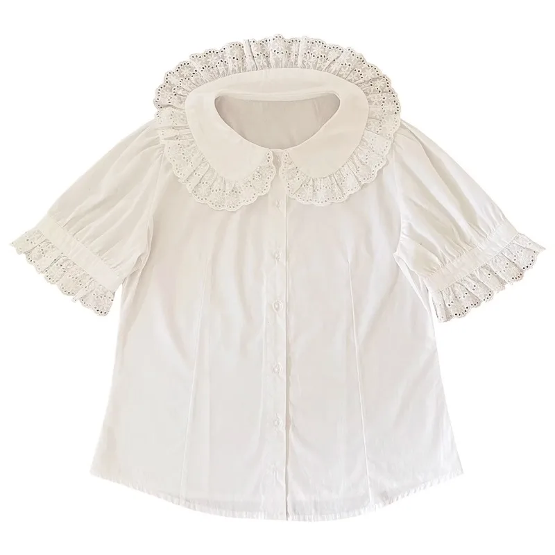 Cotton Shirts Women Peter Pan Collar Lace Trim Loose Blouses Lolita Style Tops for Sweet Girls