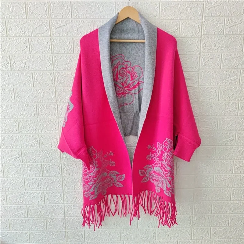 2023 autumn and winter imitation cashmere tassel shawl female peony flower with cheongsam all-match cape with sleeves cape scarf