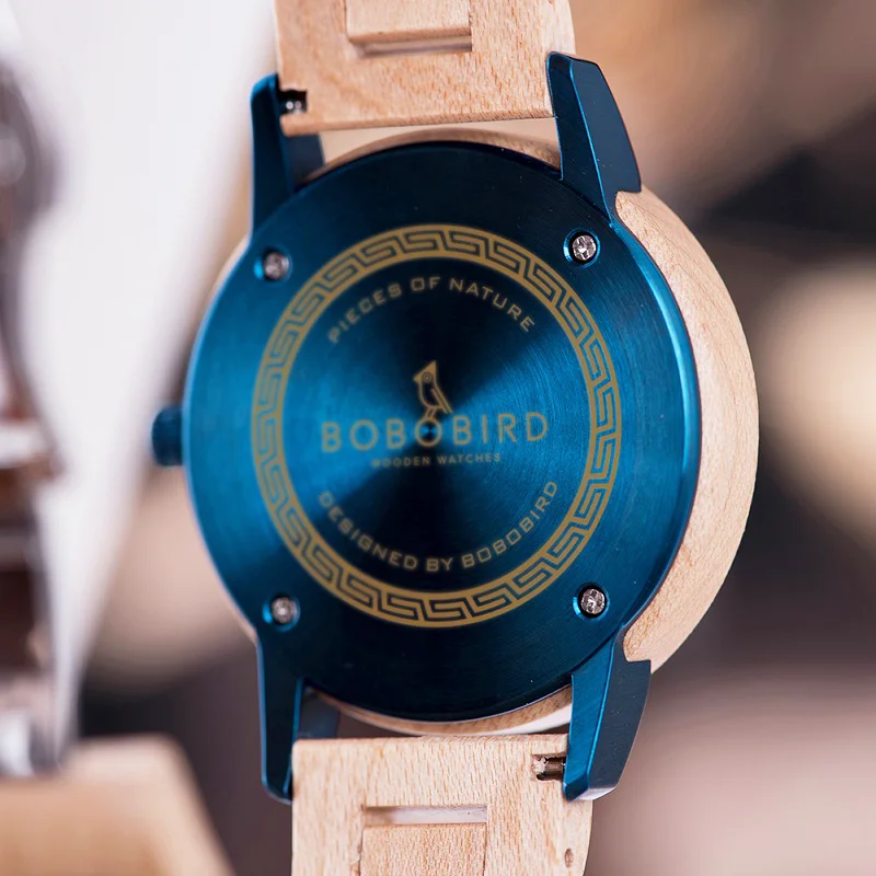 BOBO BIRD Women\'s Watch Luxury Quartz Watches Original Wooden Straps Blue Case Handmade Wooden Watches Gift for Women