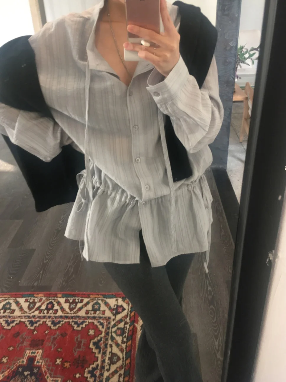 

Slimming Vertical Stripe irt Women's Chic Early Spring Thin Loose Dstring Waist Long Sve Top Cotton Commute Sle