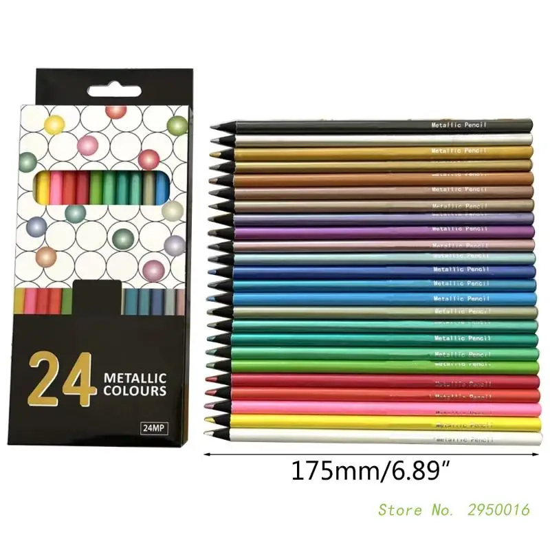 24 Colors Metallic Colored Pencils Non-toxic Black Drawing Pencils Pre-Sharpened Assorted Colors Wooden Sketching Pencils Set