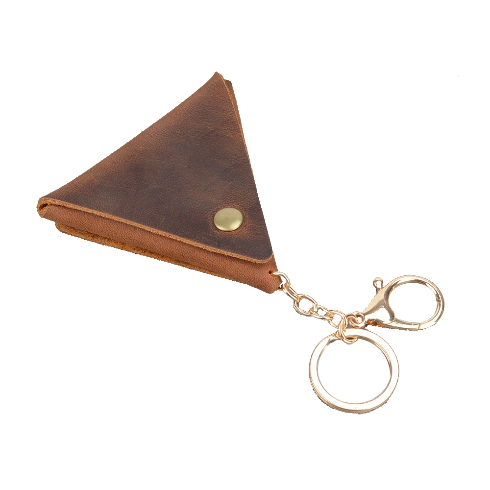 Leather Coin Purse With Key Ring Simple Triangle Hasp Coin Holder Handmade Practical Cowhide Leather Small Bag