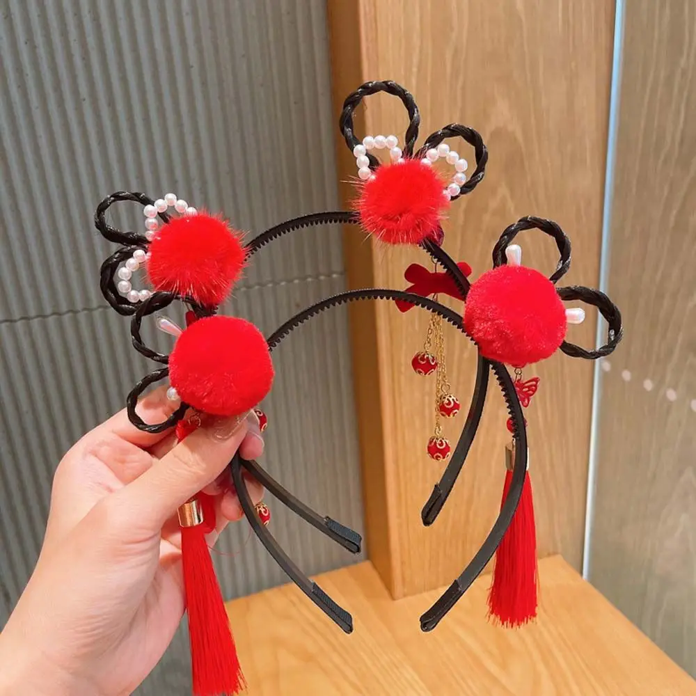 

Accessories Flower Girls Pigtail Wig Pearl Bow Children's Headband Chinese Style Hair Band Hanfu Hair Hoop New Year Headress