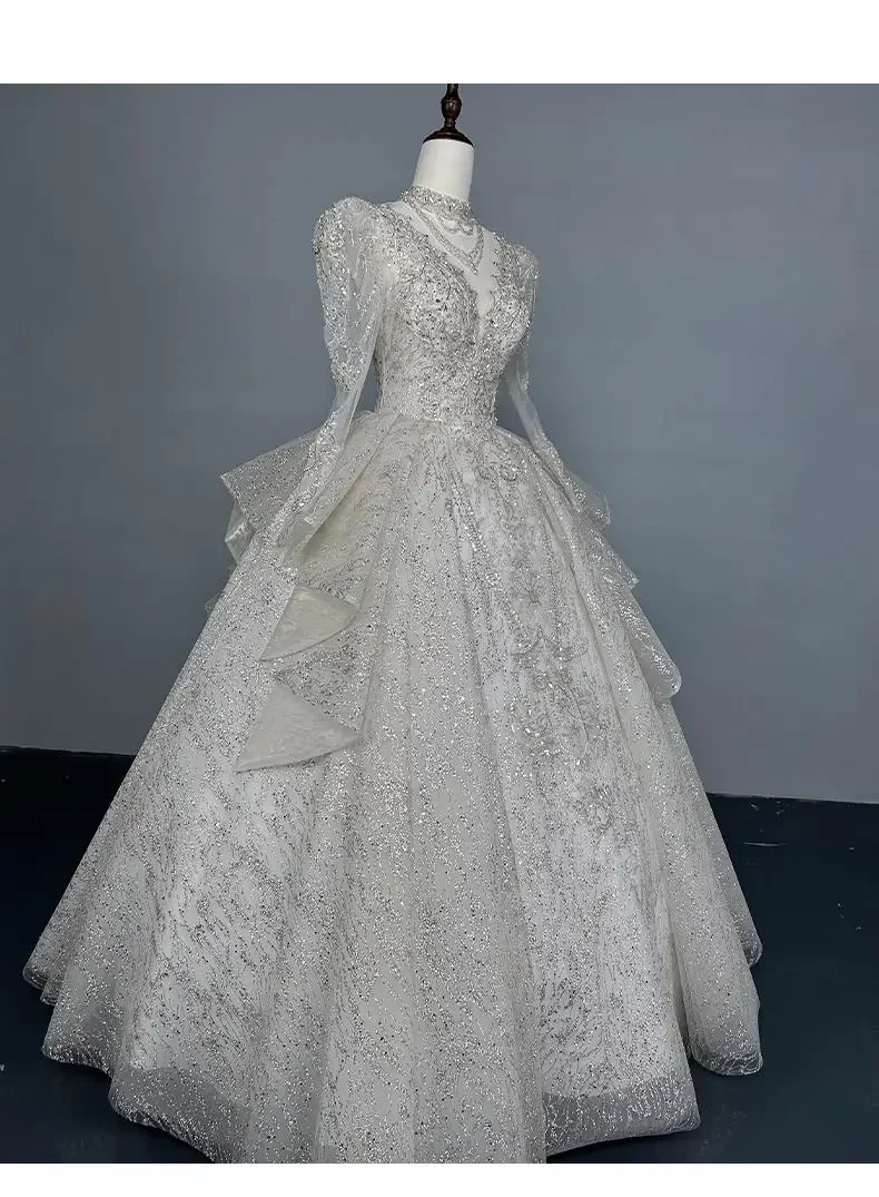 Vestido de baile de renda manga cheia espanhol para mulheres, vestido de noiva em camadas, vestido princesa do trem do tribunal