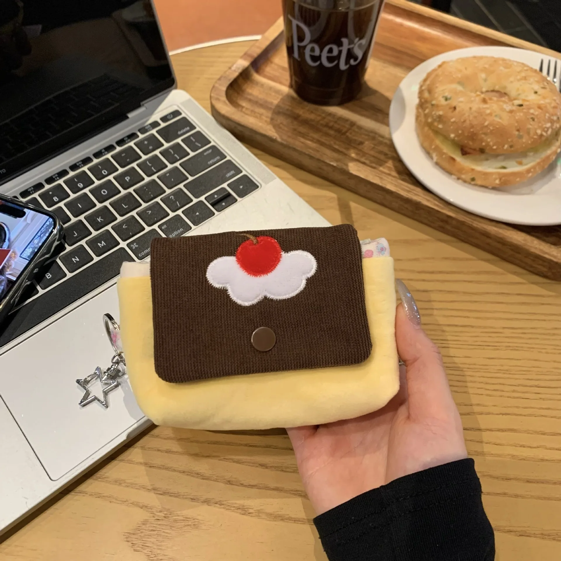 Multifunctional Small Pouch for Girls Cute Cherry Pudding Plush Coin Purse Mini Cartoon Portable Wallet for Cards Earphones Case