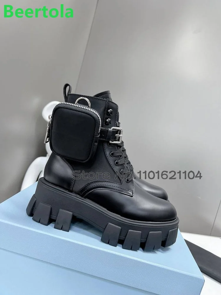 Black Wallet Luxury Design Short Boots For Female Women 2024 Autumn New Thick Sole Round Toe Lace-up Fashion All-match Shoes