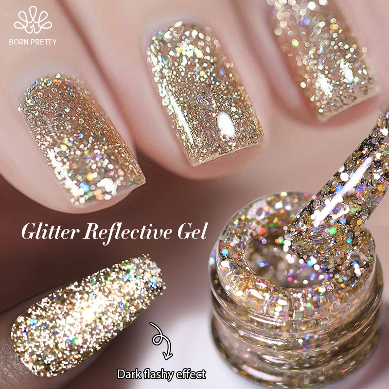 BORN PRETTY Champagne Gold Glitter Reflective Nail Gel Polish 10ml Sparkling Nail Gel Varnis Semi Permanent UV Gel Nail Art Gel