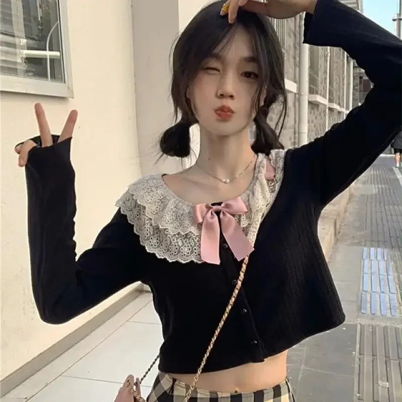 

Autumn Kawaii Lolita Knitted Cardigan Women Lace Black Korean Sweet Cute Sweater Female Bow Japanese Elegant Sweater Tops 2025