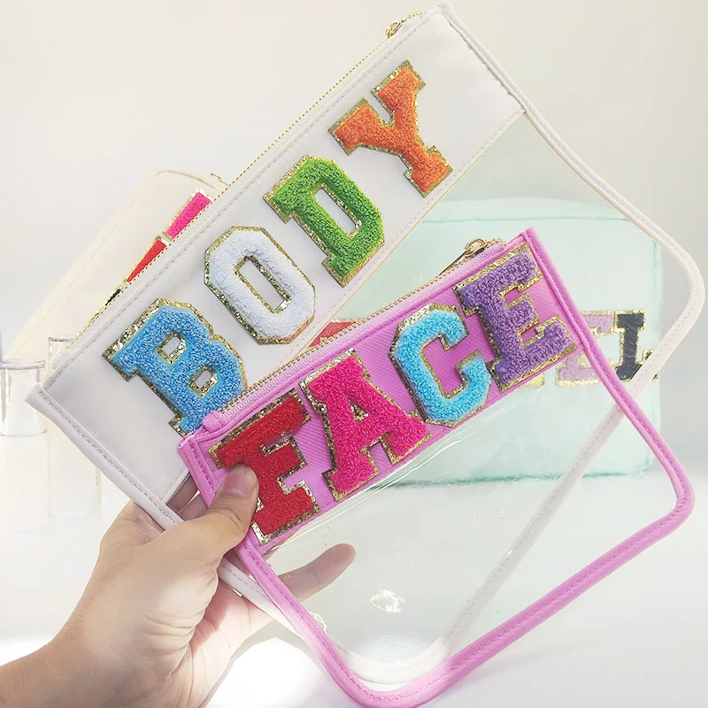 Borsa cosmetica in PVC di 2 dimensioni vendita in fabbrica patch per lettere trasparenti da viaggio sacchetti da toilette per il trucco regalo della