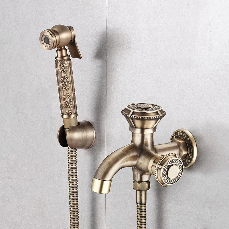 Hand Held Bidet Sprayer Douche Toilet Kit Brass Carving Shattaf Shower Head Antique Bronze Copper Valve Set Jet Bidet Faucet Set