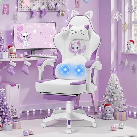 Krzesło gamingowe dla dziewczyn z kocimi uszami i funkcją masażu chmurkowego, urocze krzesło komputerowe z podnóżkiem, wygodne krzesła gamingowe z regulacją oparcia.