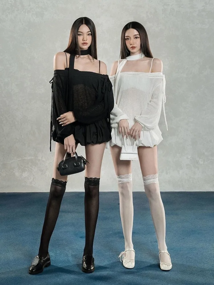 Streetwear See Through Sexy Dresses Harajuku Vintage Bandage Solid Robe Autumn A-line Vestidos Y2k Aesthetic Slash Neck Dresses