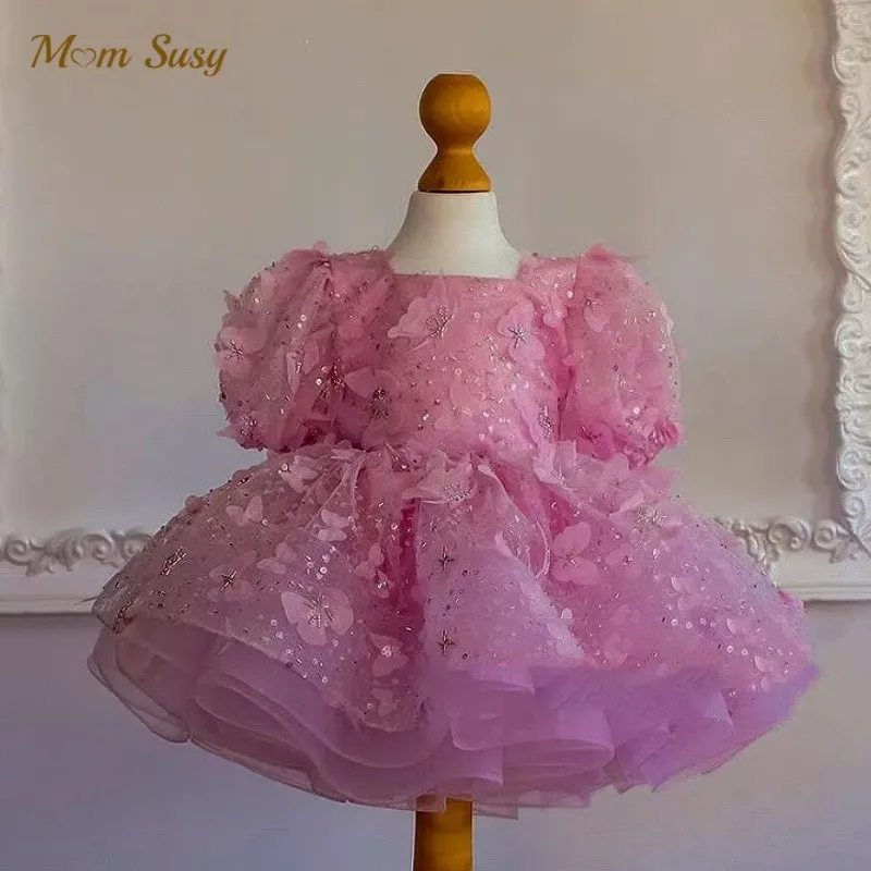 Baby Girl Princess Butterfly Sequins Dress Customizable Infant Toddler Child Ball Gown Vestido Birthday Party Baby Clothes 1-12Y