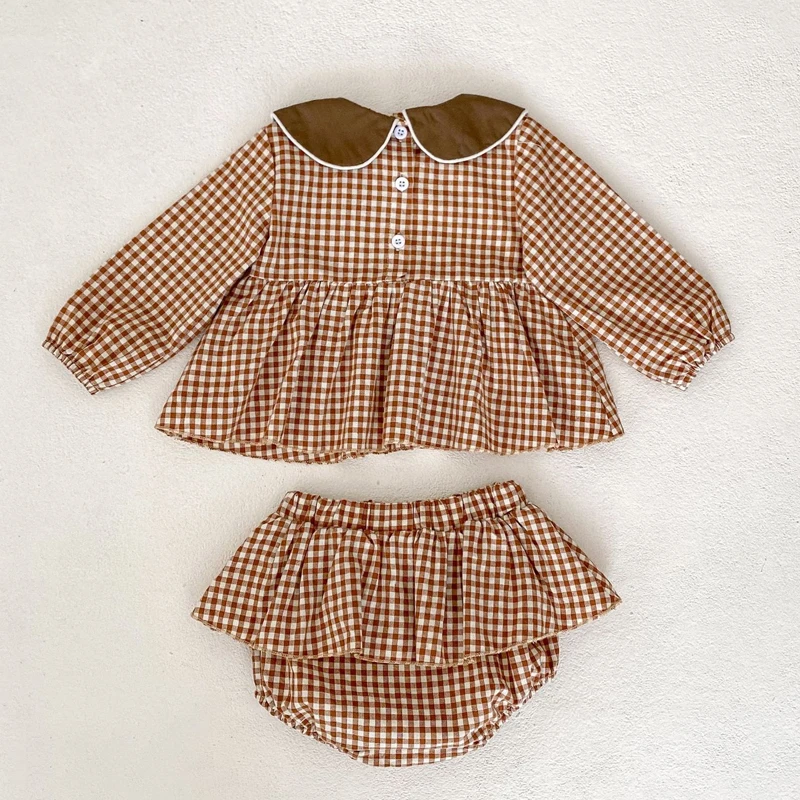 Autumn new baby clothing, 0-5 year old female baby, doll collar embroidered checkered top+skirt skirt wrapped pants 2-piece set