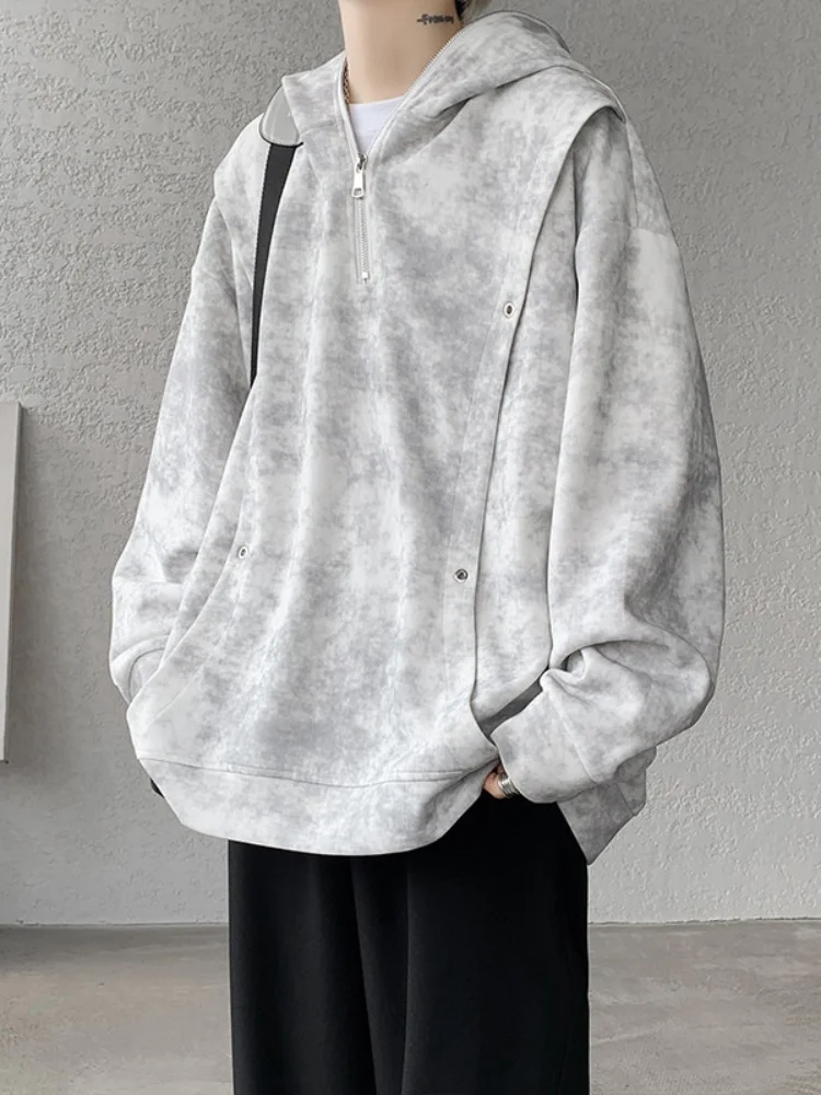 

American Dyed Hoodie Men's Spring Autumn Casual Sportswear Loose Fit Zipper No Ironing Required Pure Color Youth Trend