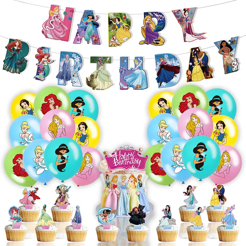 

Princesses Birthday Party Decor Set - Elsa, Snow White & Cinderella Banner, Balloons, Cake Toppers & Backdrop, Magical Kit