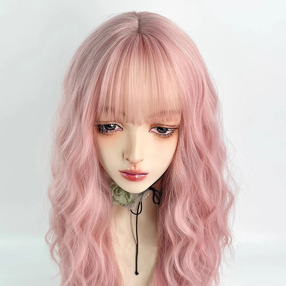 شعر مستعار صناعي طويل مموج وردي مع الانفجارات شعر مستعار لوليتا نسائي منفوش مقاوم للحرارة للحفلات التنكرية اليومية #5