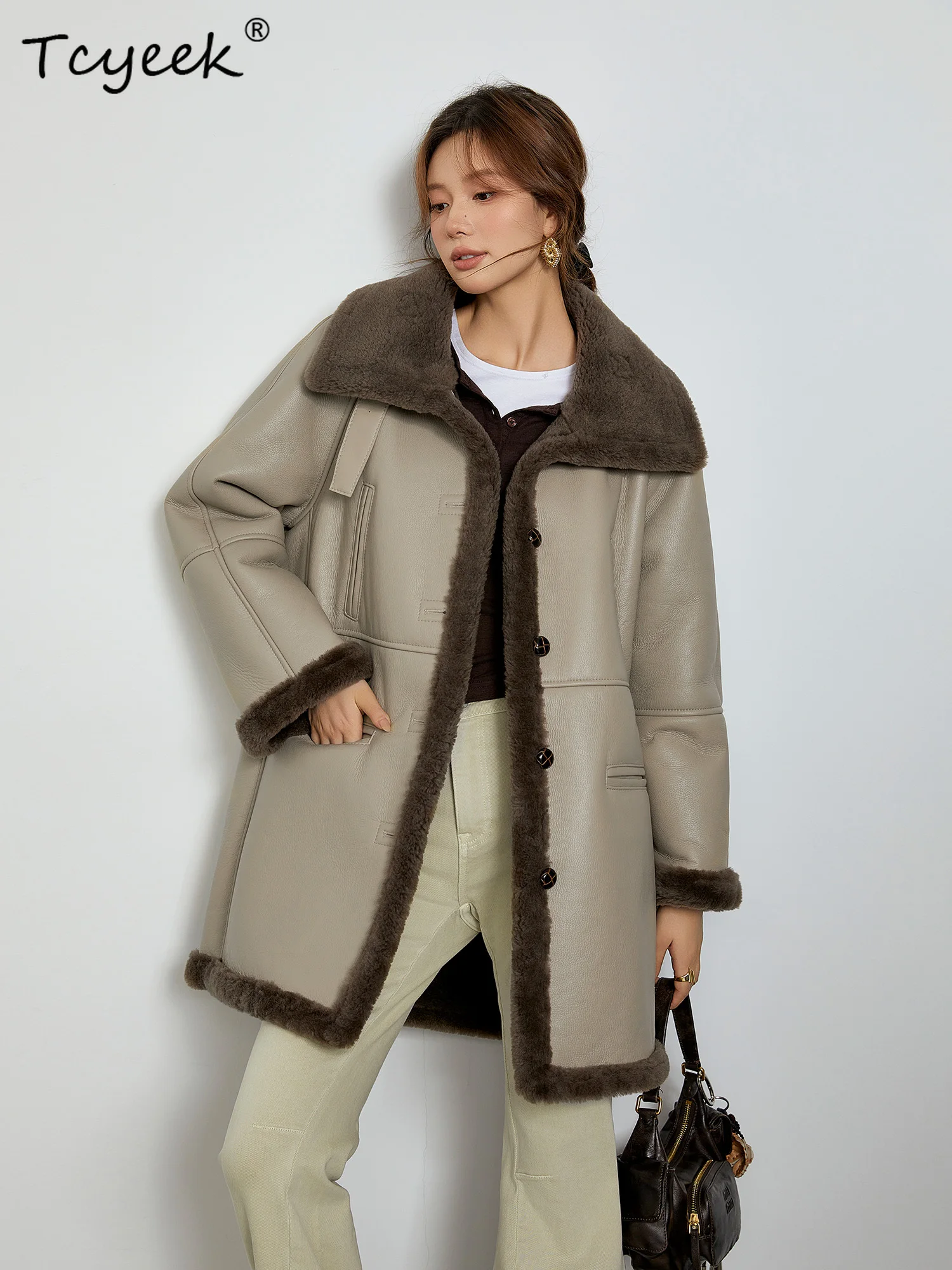 Tcyeek Wool Autumn Winter High End Trendy Thickened Fur Beige Color Medium Length Women's Lamb Wool Fur Coat Fourrures Femme