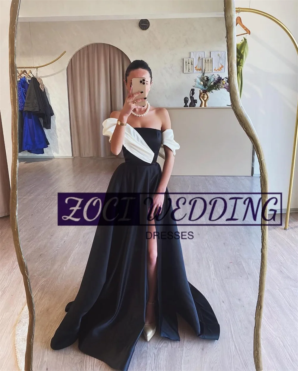 Zoci-エレガントな対照的な色のウエディングドレス,裸の肩,サテン,ラインドレス,高いサイドスリット,カスタマイズ,特別な機会