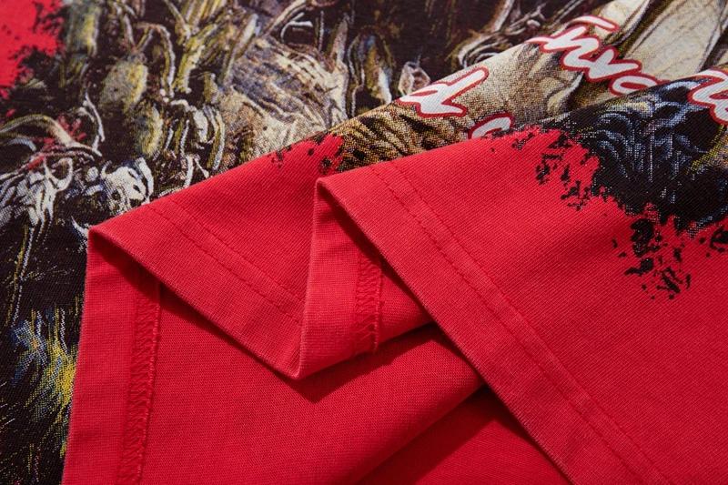 Sommer Vintage Rotes Acid Wash T-Shirt mit Alien Cowboy Western Aufdruck Lässige Oberteile Y2k Streetwear Oversized Hip Hop Unisex Kleidung – Detail 3