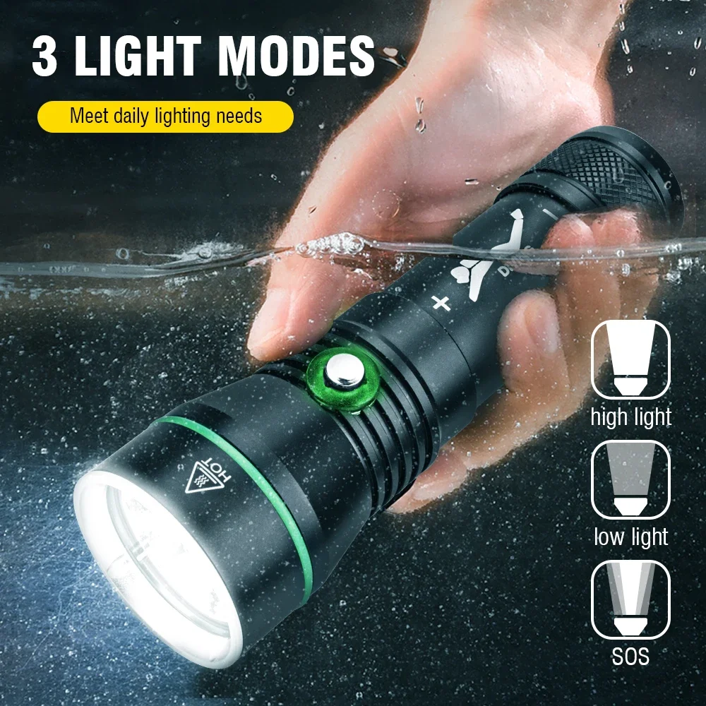BORUiT 2000LM LED Torcia subacquea Super luminosa P50 IPX8 Torcia impermeabile Subacquea 100M Lanterna per pesca subacquea