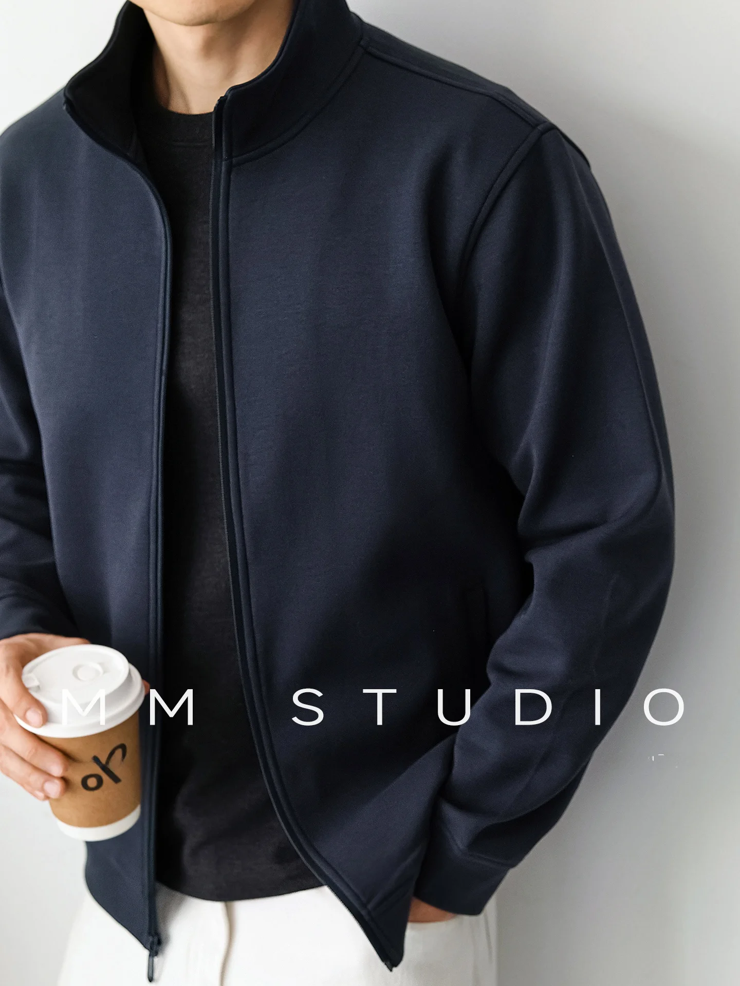 Casual Business Mens Hoodie Stand Collar Open Cardigan Long Sleeve Polyester Cotton Blend Sweatshirt for Commuting And Travel
