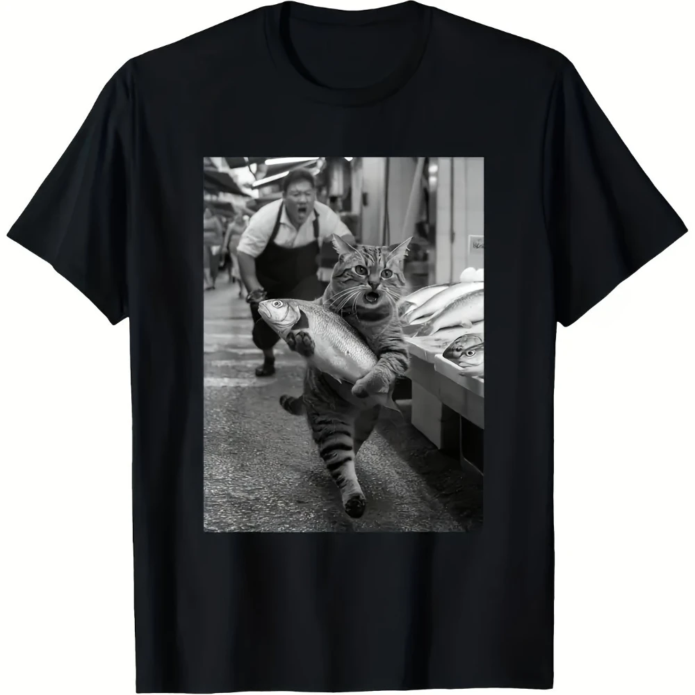 2026 Summer Funny Cat Stealing Fish Emoticon T-Shirt - Suitable for Men, with Humorous Print, Casual Round Collar