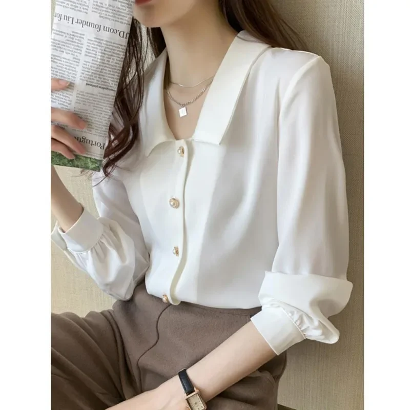 Spring New Button Patchwork Blouse Long Sleeve Polo Neck Solid Color Loose All-match Shirt Tops Fashion Office Women Clothing