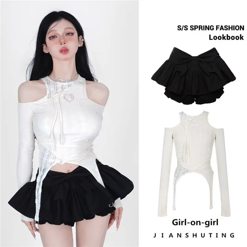 Crop Tops Sexy Slash Neck Off Shoulder Long Sleeve Tees Slim Waist Hollow Out Drawstring T Shirts Harajuku Summer Y2k Tshirts