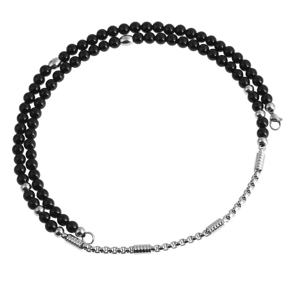 Punk 316L Stainless Steel Calm Meditating Buddha Head Pendant Necklace with Black Natural Stone Chain 26