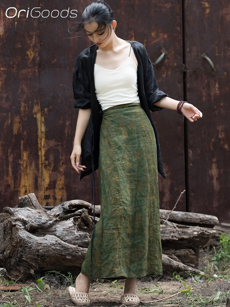 OriGoods Women Summer Long Skirt Green Print Natural Fabric Ramie Thin Skirts Japan Chinese style Original Cute Skirt 2024 B174