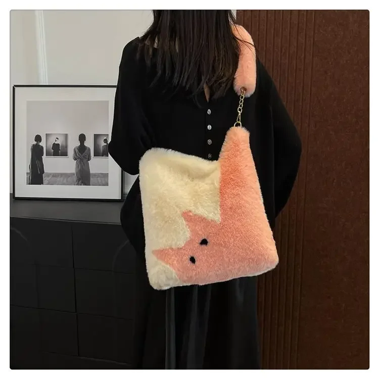 Furry Bag Girls 2024 New Autumn Winter Cat Korean Sweet High-Capacity Shoulder Bag Handbag Office Lady Women Bag