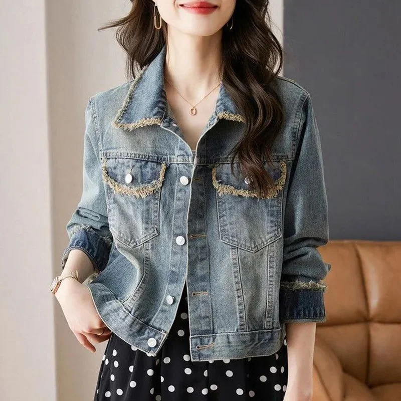 Female Spring  Autumn New Small Design Feeling Harbor Wind Jacket Women's Clothing American Vintage Raw Edge Short Denim Coat