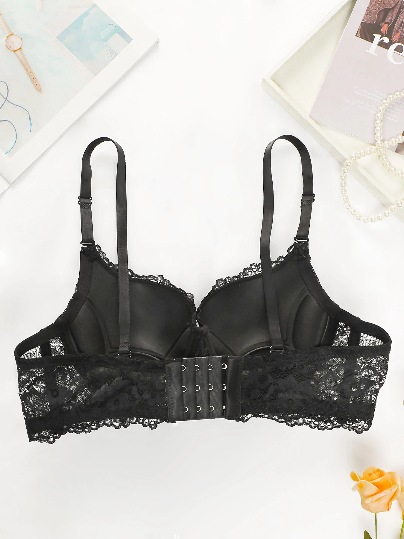 Sexy černá krajková podprsenka s kosticemi pro ženy, push-up vyztužená, pohodlné spodní prádlo s plným pokrytím, tričko, podprsenky pro denní nošení - náhled 2