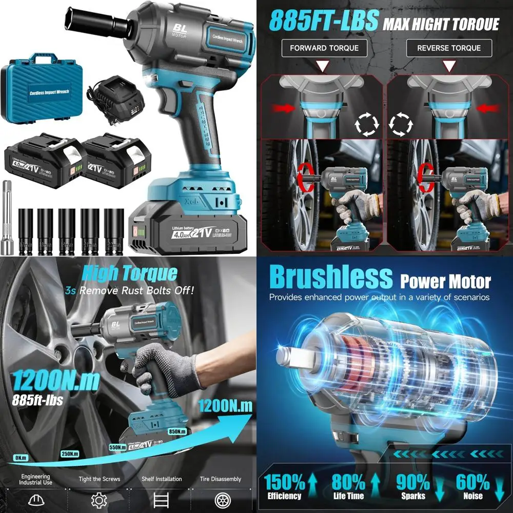 Avvitatore a percussione wireless da 1/2 pollice con 2 batterie da 4,0 Ah, utensile elettrico senza spazzole per un massimo coppia di 885 piedi di libbre (1200 Nm)