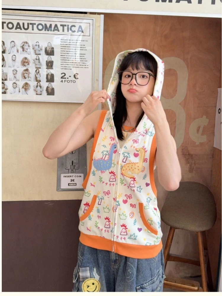 

Женский жилет с принтом в японском стиле Millennium Fun в стиле граффити, летний американский Y2K в стиле ретро Chaoli, женские топы без рукавов с капюшоном, эмо