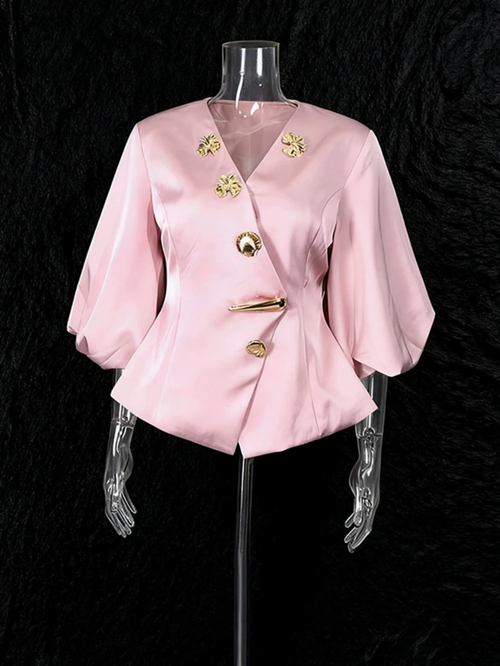 2025 جديد عصري زر معدني خليط نفخة الأكمام الخامس الرقبة حزام تي شيرت-GZXXX341