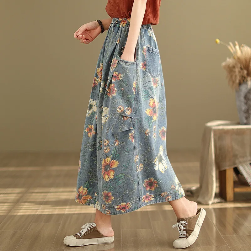 Hot Selling New Fashion Long  A-Line Elastic Waist Women Cowboy Print Flower Spring Summer Skirt