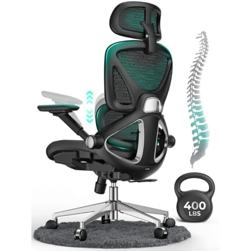 Ergonomic Mesh Office Chair, Adjustable Lumbar High Back Desk Chair 400lbs, 4D Flip-up Arms, 3-Level Tilt Backrest, 3D