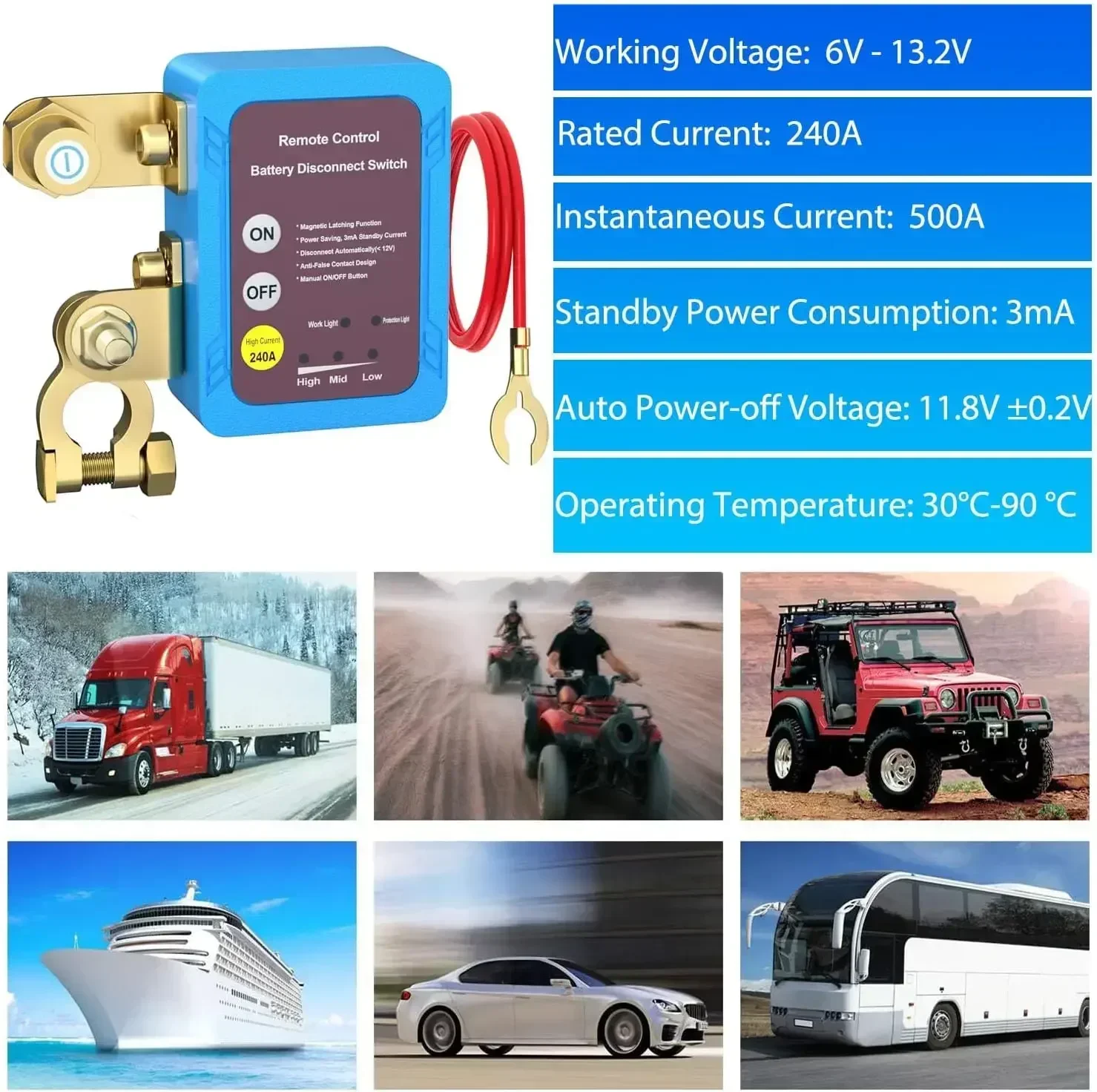 Car Remote Battery Disconnect Switch 12V 240A Kill Switch Automatic Power Shut Off Switch Battery Remote Control