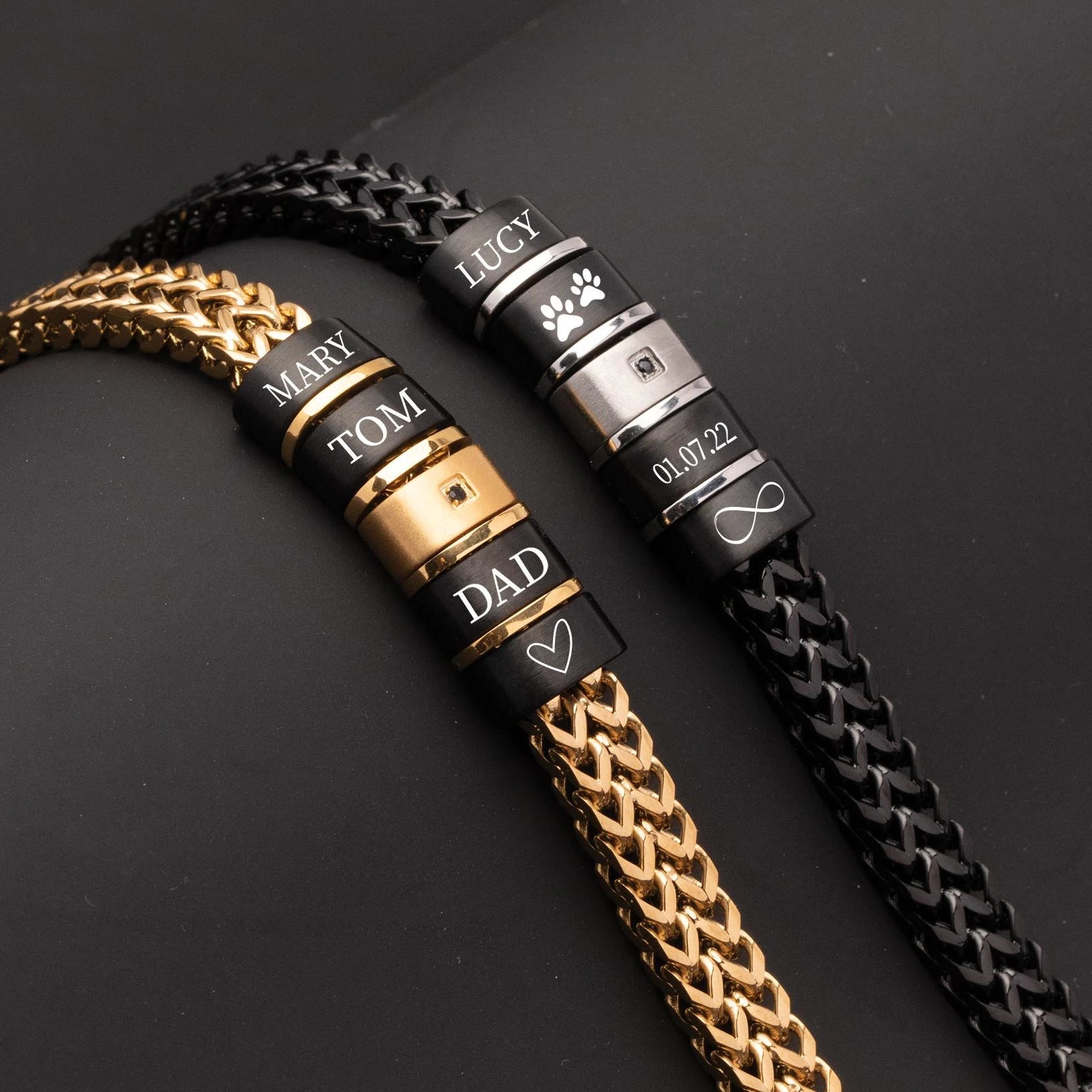 Custom Engraved Name Bracelet Men Stainless Steel Braided Chain Bead Charm Black Gold Jewelry Gift for Dad Husband Boyfriend